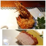 星期菜 白金 - ＊上：有頭海老のスパイスパウダー・ 海老もスパイスのお味が浸みていい味わいですけれど、パウダーも美味しいこと。 ＊下：皮つき豚バラ肉のオーブン焼き。