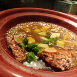 星期菜 白金 - ◆ナマコとトロ茄子のおこげ。 目の前で「おこげ」にアツアツの餡がかけられます。