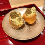 銀座 しのはら - ビワマスフライ、蟹味噌のタルタル、キャビア添え