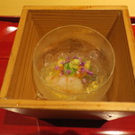 銀座 しのはら - 鮑 牡丹海老 雲丹 オクラのとろろ スッポンのコンソメ・ジュレがけ2
