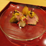 銀座 しのはら - オマールブルー、合鴨、賀茂茄子 ほおずき味噌和え1