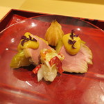 銀座 しのはら - オマールブルー、合鴨、賀茂茄子 ほおずき味噌和え2