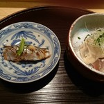 はらまさ - 秋刀魚のお鮨 ほっきがい春菊このわたそーす