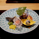 祇園 にし - 落ち鮎の塩焼き　ほおずきに見立てたクリームチーズとサーモン　いちじくの胡麻和え　白和え