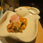 奈良 而今 - 29年9月　胡桃飴炊き、車海老黄味酢島根キャビア、ホオズキ、鴨ロース