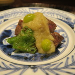 29年9月　大和榛原牛ラムシン、万願寺唐辛子生姜醤油漬け焼き　焼き茄子ソース、熊本新銀杏