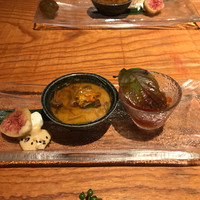 中島康三郎商店 - すじこ、ウニ茶碗蒸し、三次のいちぢくとマスカルポーネチーズとゴマのソース