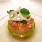 茄子のムース　スズキのタルタル　フロマージュブランのムース　ナスタチウムとクルトン