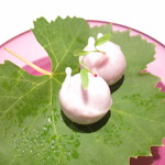 葡萄とビーツのガスパチョ　カカオバターのコーティング　マイクロパクチー　葡萄の葉