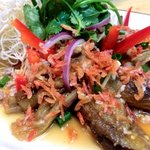 ロムアロイ - ヤムマックア（焼きなすの和え物）」：酸っぱ甘くて、干し海老の香りが豊か！