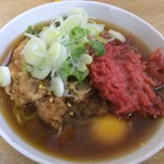 一由そば - 半そば110円＋げそ天110円＋紅ショウガ天100円＋生卵で380円！