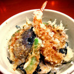 Ten-don (tempura rice bowl) at a soba restaurant