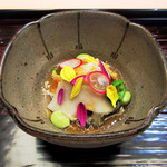 高台寺 十牛庵 - 1.先付:鮑 渡り蟹 ポン酢と土佐酢ジュレ(2017.9月)