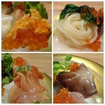 東 - 左上：赤雲丹はかなり上質な品ですね。これを仕入れられるのも素晴らしいですが「赤雲丹」としてはかなり甘くて美味しい。 右上：パスタ。 左下：赤貝。これも上質で身が厚いこと。 右下：鳥貝。