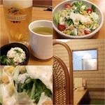 やき鳥 - 生ビール450円＆緑茶200円／シーザーサラダ530円