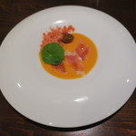 セルサルサーレ - フルーツトマトのガスパチョとトマトのグラニテ 蜂蜜とミントでマリネしたミニトマト  埼玉県坂戸市の尾島さんの生ハムと1