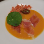 セルサルサーレ - フルーツトマトのガスパチョとトマトのグラニテ 蜂蜜とミントでマリネしたミニトマト  埼玉県坂戸市の尾島さんの生ハムと2