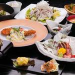 Kiraku Dokoro Danka - 各種宴会におすすめの3,500円料理コースの一例（写真料理は一名様分）。宴会の鍋料理はお一人様＋500円で承り中。