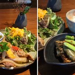 ジャム cafe 可鈴 - メインの「ポークジンジャー(画像左)」とサイドディッシュの「茄子と椎茸の胡麻和え」