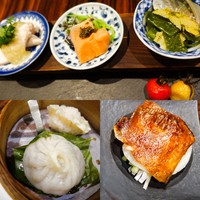 中華旬彩 森本 - (上)旬の食材を使用した　前菜盛り合わせ　(左下)手作りの点心２種　小籠包・プリプリの海老蒸し餃子　(右下)北京ダック　サワダ風