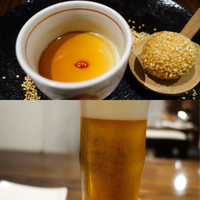 中華旬彩 森本 - (上)デザート　ごまプリンとごま団子　(下)生ビール