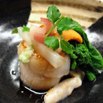 岩さき - 先付け～ホタテ、筍、菜種、雲丹、吉野醤油