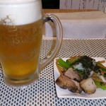 らぁめんや やしげる - ビール　500円+おつまみ　300円。おつまみはチャーシュー、メンマ、小松菜、玉ねぎ、あおさ。