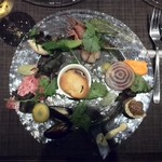 キャトルラパン - 赤海老のマリネ バジルソース人参のババロア鱧とホタテのテリーヌ鯖のビネガー浸けムール貝の白ワイン蒸し鹿児島県産黒毛和牛のカルパッチョチーズのムースきのこと鮭の白子のアヒージョ