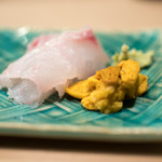 うを徳 - 2017.9 お造り（愛媛八幡浜白川甘鯛、北海道浜中ムラサキウニ）