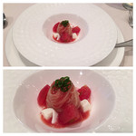 モッツァレラとフルーツトマトの冷製カッペリーニ
          アミューズ(+500円)
          キリリと冷やされてスタートにぴったりな一皿。