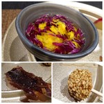 膾炙 - ＊菊の花の酢の物・・きれいですこと。三杯酢の塩梅もよくいいお味。 ＊ビーフジャーキー・・名物なのですがとても美味しい。もっと頂きたいくらいです。 ＊銀杏・ごままぶし・・こちらは「胡麻」もウリにされているだけあり、美味しい。