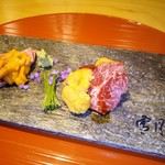 肉屋 雪月花 NAGOYA - 神戸牛ミスジ&日本海赤雲丹と近江牛サガリ昆布締め&はだて雲丹の食べ比べ