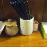 Mumei - 卓上はこんな感じ！すり胡麻(左)は散らからないように受皿に乗ってます
      すり胡麻の右には刻みにんにくが入ってますスタミナ付いたかな…？(^_^;)（笑）