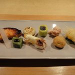 野嵯和 - 海鱒、よもぎ麩、筍の寿司、鯛子、筍のカダイフ巻き揚げ等