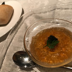 DINING 六区 - 雲丹と人参のムースのコンソメゼリー寄せ キャビア添え  奥はフォカッチャ