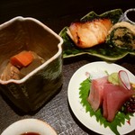 「越味御膳」の　お造り＆焼き魚＆小煮物
