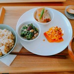 Agurasu - デリ3品　950円
                        南瓜とクルミのクリーミーサラダ
                        お豆と青菜の和え物
                        厚揚げの煮物
                        ご飯は玄米only
