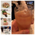 リストランテ カノビアーノ - 乾杯！写真が上手く取れておらずで申し訳ありません、私的に6年越しの念願です。^ ^お連れさまは鮭と舞茸のスパゲティにメカジキのカツレツ、デザートは桃のコンポートとジェラート シャンパンジュレ。