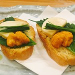 Miso-marinated cheese bruschetta with sea urchin