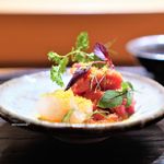 肉割烹 上 - 内もも、生のカラスミ 余市の牡丹海老、 卵黄