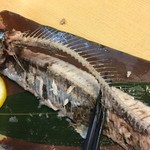 まる重 - 箸を骨の下に皿と並行に入れて、左から右に骨を外して、頭・骨・しっぽを皿の右上に置く。