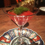 シャンパン&醤油バー フルートフルート - フルーツトマトのジュレ ガスパッチョバジルとシャンパンのシャーベット添えですよ〜