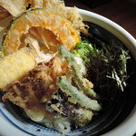 うどん満月 - はみ出る天ぷら、ビジュアルゴージャス！ 　バラエティ豊かな天ぷらがお得な野菜天ぶっかけ、＋240円以上の価値は十分にあるのだ！ 　野菜天マジお得！ヽ(*ﾟ∀ﾟ)ノ