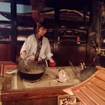 Shinshuu Nagaya Sakaba - お味噌汁がサービスで、囲炉裏にかかっているお鍋から、よそおって下さいます。