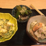 Jiyotsupari Kura - お通し（ゴーヤチャンプル、豆腐、ホタテの煮物）アップ