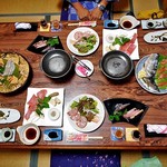 Takarabune Onsen Yumotokotobuki - 夕食（はじめに並んでいた料理）