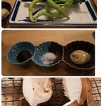 伏水酒蔵小路 - 上から順に 伏見まんがんじのあぶり370円税込み （醤油、塩、ポン酢マヨネーズ） シイタケのあぶり370円税込み