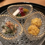 まき村 - 玉蜀黍の手毬揚げ、蓴菜と夏野菜、胡麻和え