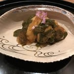 まき村 - 千葉県千倉産蒸し鮑と宮城県産紫海胆、長芋拍子木