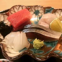 まき村 - お造り(鮪、平目、剣先イカ、しめ鯖)